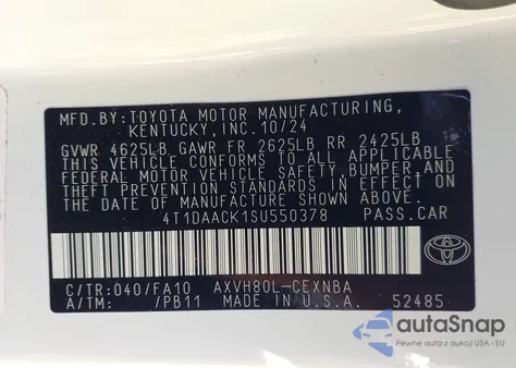 2025 Toyota Camry Le from USA, damaged, VIN 4T1DAACK1SU550378